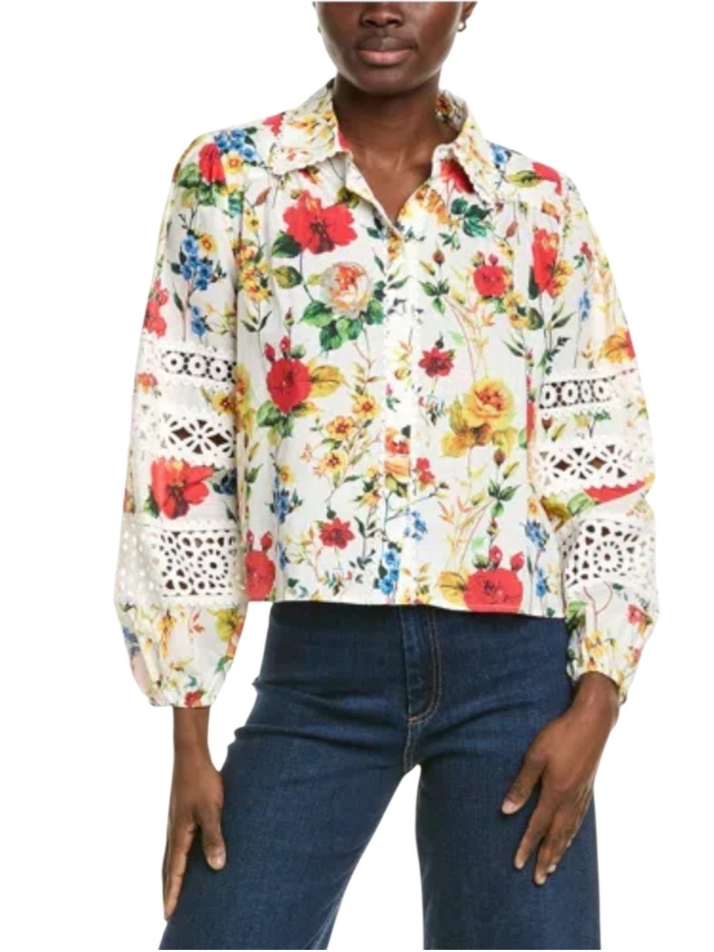 Industry Floral Eyelet Lace White Button-Up Blouse Size S